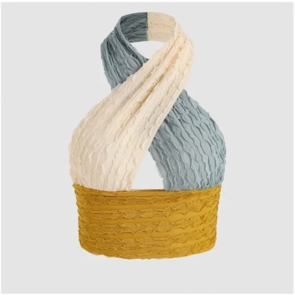 Colorblock Crinkle Halter Crop Top in Cream, Gray & Mustard